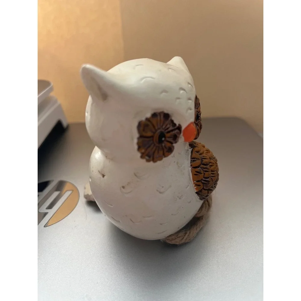 Rustic Owl Shelf Sitter Figurine White Brown Jute Rope Dangling Legs Decor